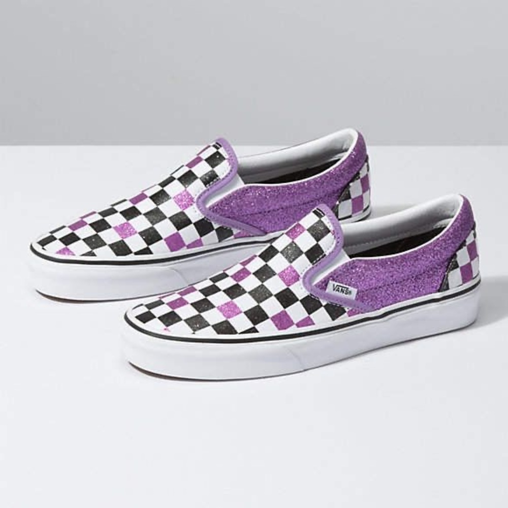 Purple glitter checkerboard vans
